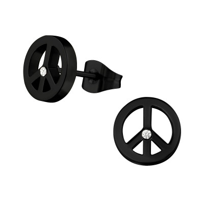 Black Surgical Steel Peace Sign Ear Studs with Crystal