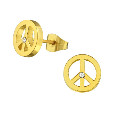 Gold Surgical Steel Peace Sign Ear Studs with Crystal