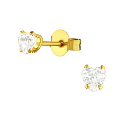 Gold Surgical Steel Heart 4mm Ear Studs with Cubic Zirconia