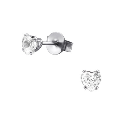 High Polish Surgical Steel Heart 4mm Ear Studs with Cubic Zirconia