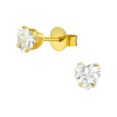 Gold Surgical Steel Heart 5mm Ear Studs with Cubic Zirconia