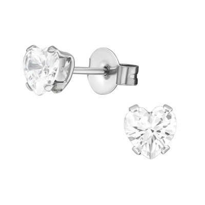 High Polish Surgical Steel Heart 5mm Ear Studs with Cubic Zirconia