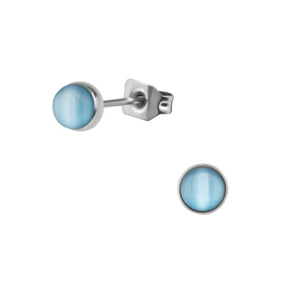 High Polish Surgical Steel Round 5mm Ear Studs with Cat Eye