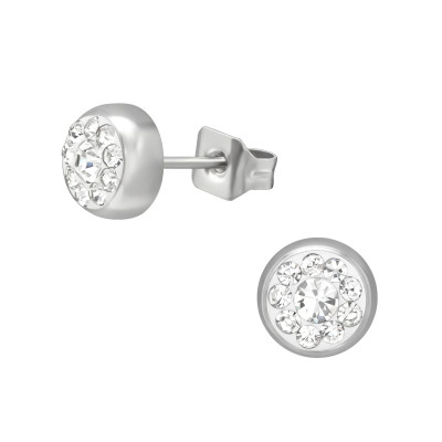 High Polish Surgical Steel Round 5mm Ear Studs with Crystal