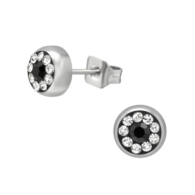 High Polish Surgical Steel Round 5mm Ear Studs with Crystal