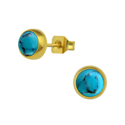 Gold Surgical Steel Round 6mm Ear Studs with Semi Precious Natural Stone