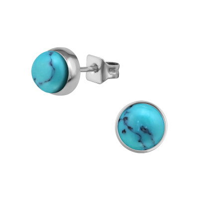 High Polish Surgical Steel Round 6mm Ear Studs with Semi Precious Natural Stone