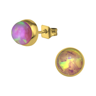 Gold Surgical Steel Round 7mm Ear Studs with Imitation Opal