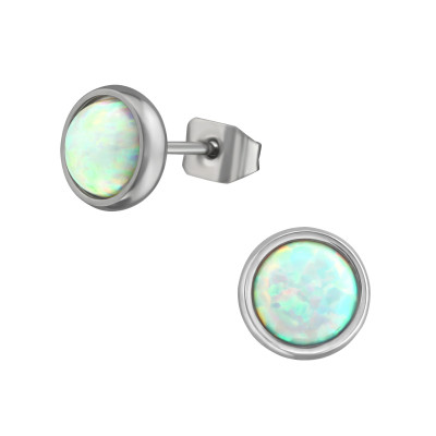 High Polish Surgical Steel Round 6mm Ear Studs with Opal