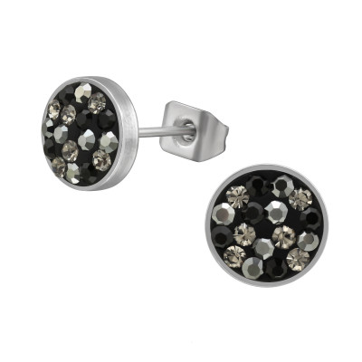 High Polish Surgical Steel Round 8mm Ear Studs with Crystal
