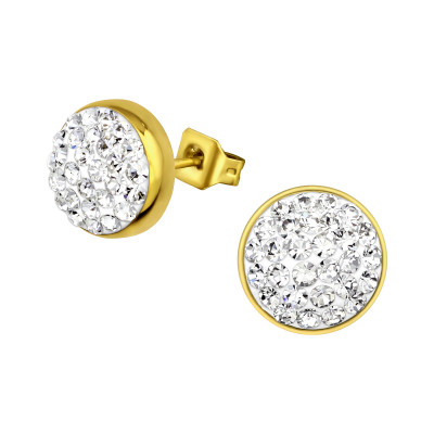 Gold Surgical Steel Round Ear Studs with Crystal