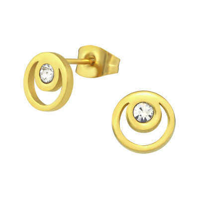 Gold Surgical Steel Round Ear Studs with Crystal