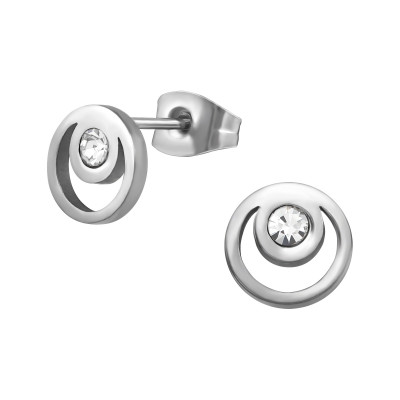 High Polish Surgical Steel Circle Ear Studs with Crystal