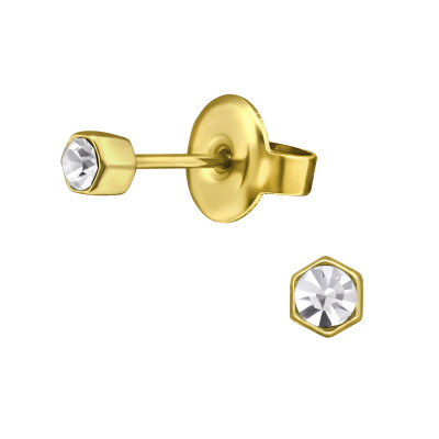 Gold Surgical Steel Hexagon Ear Studs with Crystal