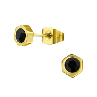 Gold Surgical Steel Hexagon Ear Studs with Crystal