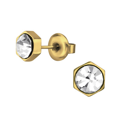 Gold Surgical Steel Hexagon Ear Studs with Crystal