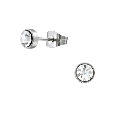 High Polish Surgical Steel Round 5mm Ear Studs with Crystal