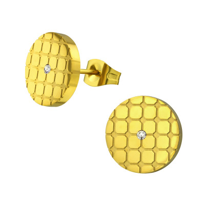 Gold Surgical Steel Round Ear Studs with Crystal