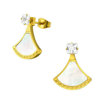 Gold Surgical Steel Trapezoid Ear Studs with Cubic Zirconia and Imitation Stone