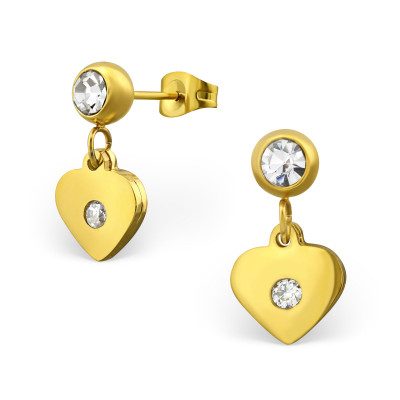 Gold Surgical Steel Crystal Round Ear Studs with hanging Heart and Cubic Zirconia