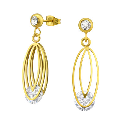 Gold Surgical Steel Overlapping Double Oval Ear Studs with Cubic Zirconia and Crystal