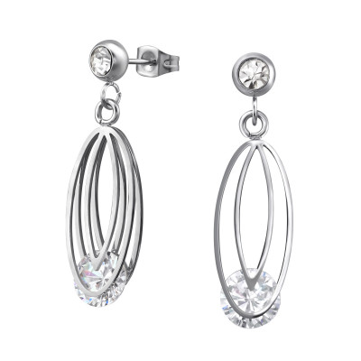 High Polish Surgical Steel Overlapping Double Oval Ear Studs with Cubic Zirconia and Crystal