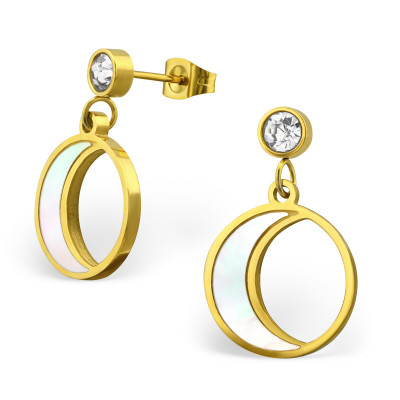 Gold Surgical Steel Crescent Moon Ear Studs with Crystal