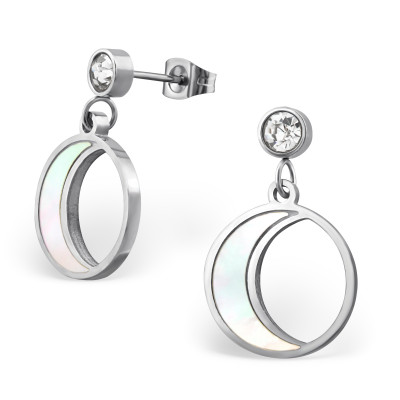 High Polish Surgical Steel Crescent Moon Ear Studs with Crystal