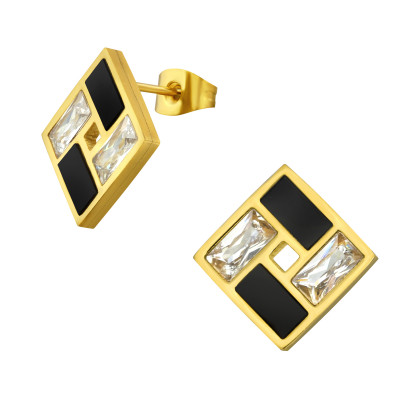 Gold Surgical Steel Square Ear Studs with Cubic Zirconia