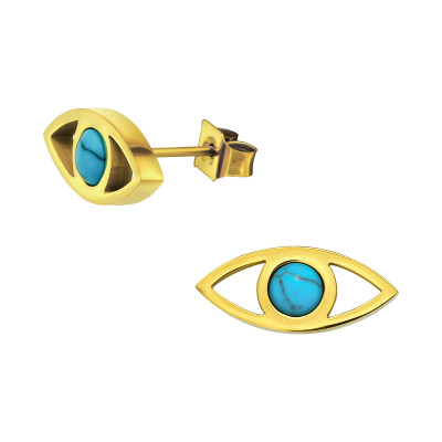 Gold Surgical Steel Evil Eye Ear Studs with Imitation Turquoise