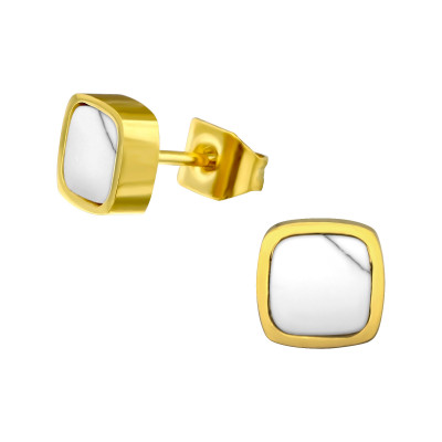 Gold Surgical Steel Square Ear Studs with Imitation Howlite