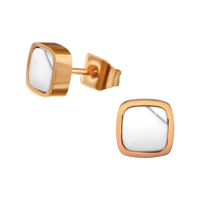 Rose Gold Surgical Steel Square Ear Studs with Imitation Howlite