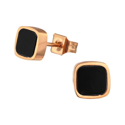 Rose Gold Surgical Steel Square Ear Studs with Imitation Black Onyx