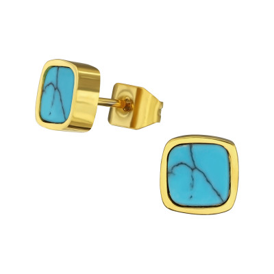 Gold Surgical Steel Square Ear Studs with Imitation Turquoise