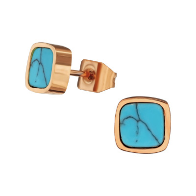 Rose Gold Surgical Steel Square Ear Studs with Imitation Turquoise