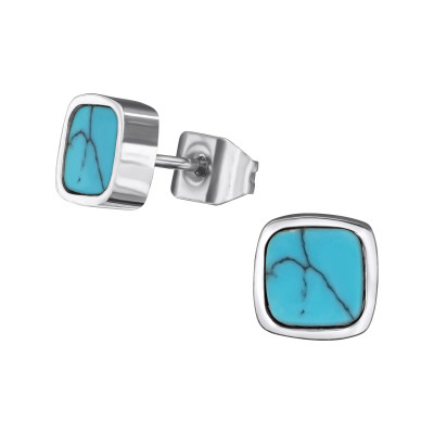 High Polish Surgical Steel Square Ear Studs with Imitation Turquoise