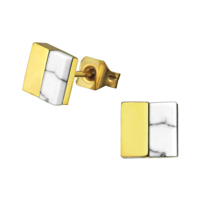 Gold Surgical Steel Square Ear Studs with Imitation Howlite