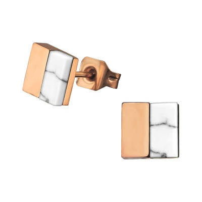 Rose Gold Surgical Steel Square Ear Studs with Imitation Howlite