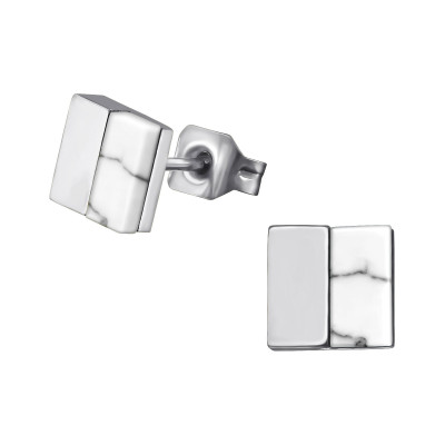 High Polish Surgical Steel Square Ear Studs with Imitation Howlite