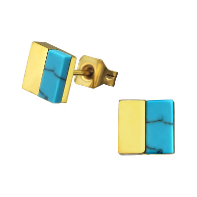 Gold Surgical Steel Square Ear Studs with Imitation Turquoise