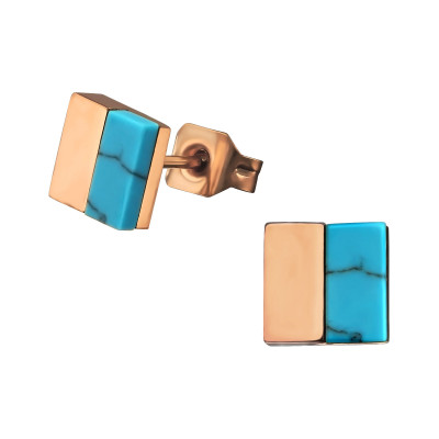 Rose Gold Surgical Steel Square Ear Studs with Imitation Turquoise