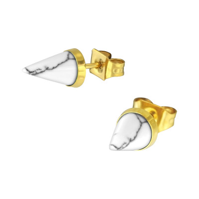 Gold Surgical Steel Cone Ear Studs with Imitation Howlite