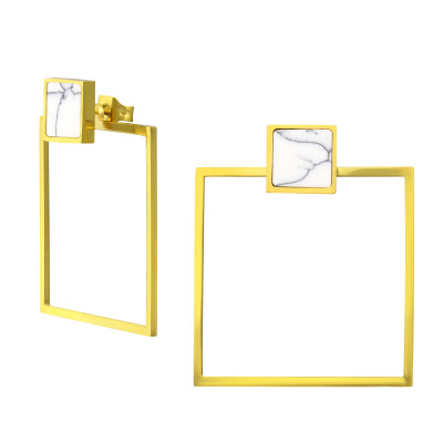 Gold Surgical Steel Square Ear Studs with Imitation Howlite