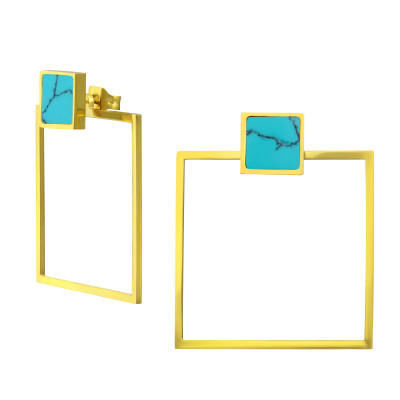 Gold Surgical Steel Square Ear Studs with Imitation Turquoise