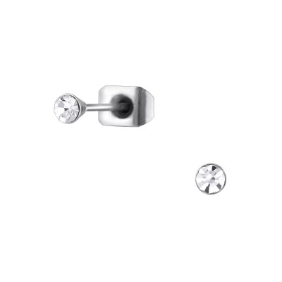 High Polish Surgical Steel Round 3mm Ear Studs with Crystal