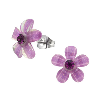 High Polish Surgical Steel Flower Ear Studs with Crystals and Plastic