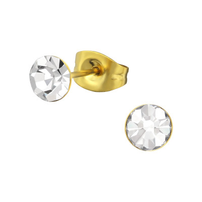 Gold Surgical Steel Round 5mm Ear Studs with Crystal