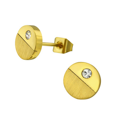 Gold Surgical Steel Disc Ear Studs with Crystal