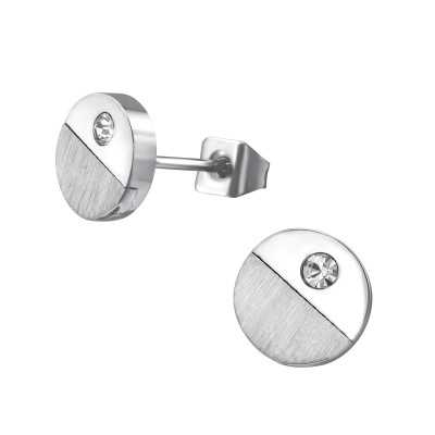 High Polish Surgical Steel Disc Ear Studs with Crystal