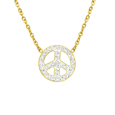 Gold Surgical Steel Peace Sign Necklace with Crystal